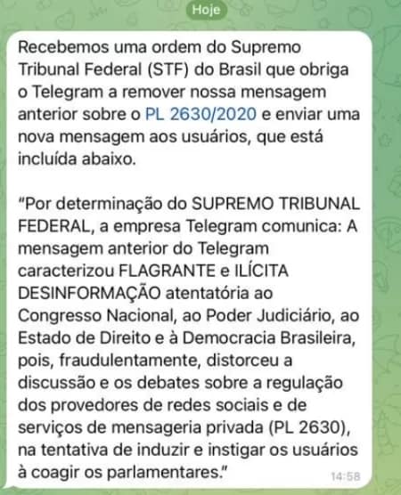Telegram remove mensagem contrária ao PL das Fake News após determinação do STF